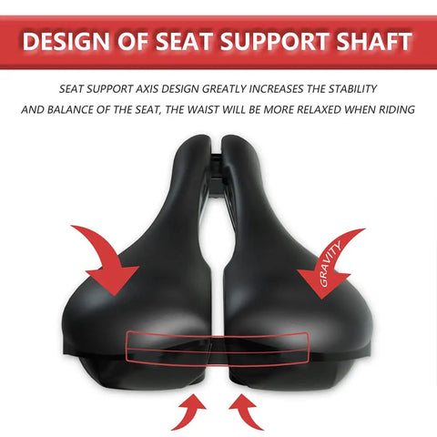 Width Adjustable Bike Seat for Comfort and Prostate Friendly Rides, design of seat support shaft, black saddle with arrows.