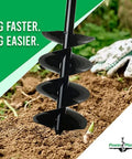 Auger Drill Bit Extension 7 Inch By 28 Inch With Half Inch Hex Drive Heavy Duty Garden Auger in soil with gardening glove