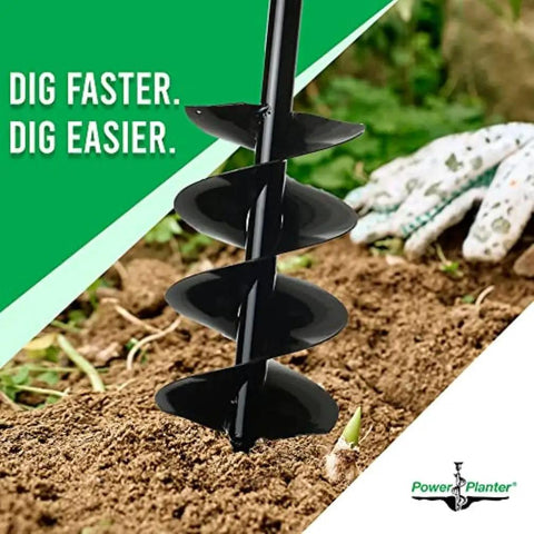 Auger Drill Bit Extension 7 Inch By 28 Inch With Half Inch Hex Drive Heavy Duty Garden Auger in soil with gardening glove