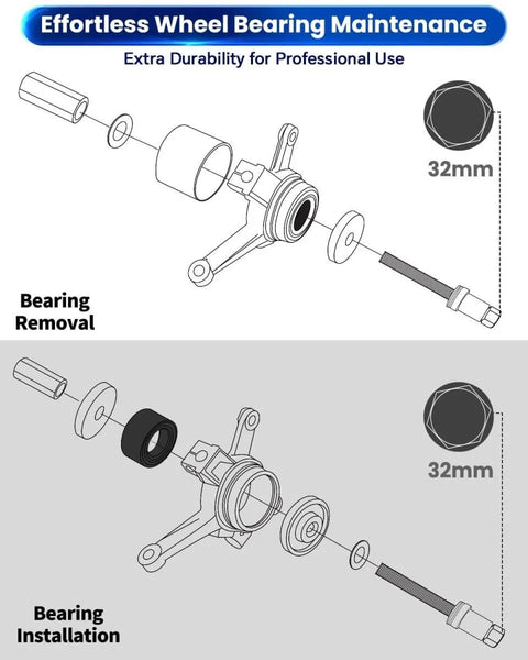 Diagram of 19 Piece Universal Front Wheel Drive Bearing Puller Kit For Front Wheel Hub Removal And Bearing Installation On Vehicles.