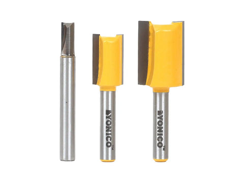 Dados And Straight Router Bit Set For Plywood Undersize Cuts With One Quarter Inch Shank Three Bit Pack showing tungsten carbide blades