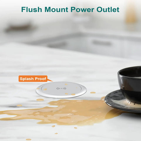 Flush mount pop up power outlet with wireless charging on kitchen countertop, splash proof next to spilled coffee.