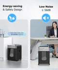 Two In One 300 Sheet Auto Feed Paper Shredder with 12 Sheet Manual Slot in office setting, showcasing design and low noise operation.