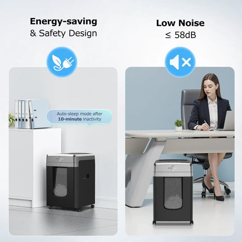 Two In One 300 Sheet Auto Feed Paper Shredder with 12 Sheet Manual Slot in office setting, showcasing design and low noise operation.