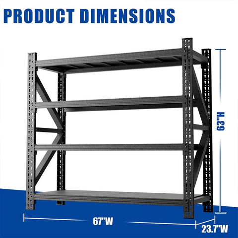Rock Solid Four Tier Heavy Duty Garage Storage Shelves With 5000 Lb Capacity Adjustable Reinforced Steel Utility Rack dimensions 67W x 63H x 23.7D