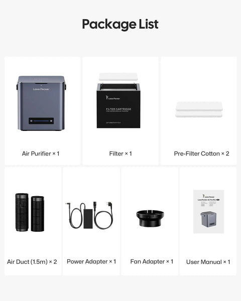Package contents of AP1 Air Purifier And Fume Extractor With Pro Grade 3 Layer Filtration, including filters and adapters.