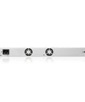Top Shelf Network Firewall With 10GBE SFP Plus And PoE Plus Ports features a sleek silver metal design with dual fan outlets.