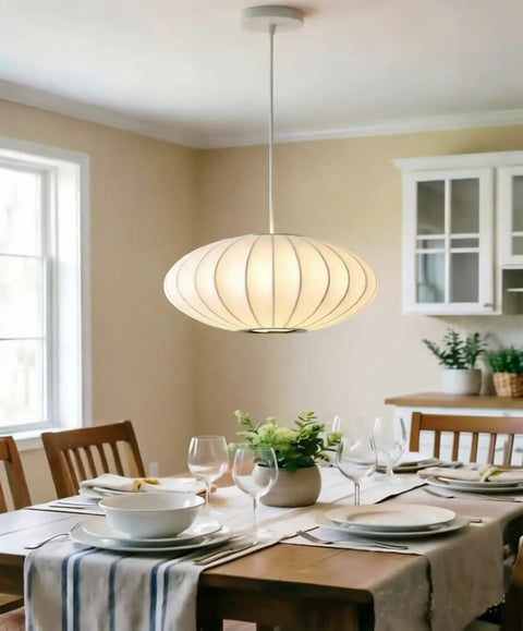 AFSEMOS 20" Japanese Wabi Sabi Pendant Light Silk Hanging Lantern Lamp above a dining table with elegant table setting.