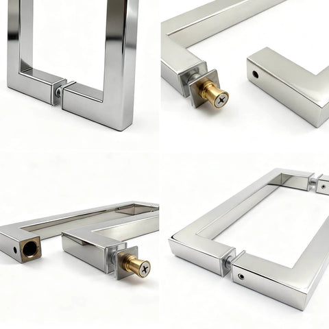 Back-To-Back Replacement Handles, 6 Inch Square Shower Door Pulls, Chrome Finish, 304 Stainless Steel, For Sliding Frameless Glass Doors