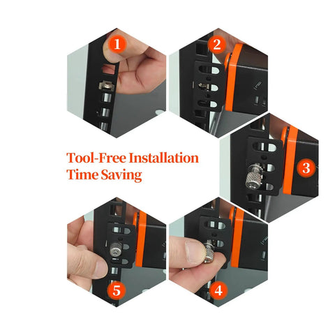 25 Pack Tool Free Hand Twist Rack Screws And 19 Inch Square Hole Cage Nuts Kit shown in tool-free installation steps.