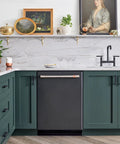 Modern kitchen with 60 Pack 3 Inch Center To Center Matte Black Cabinet Pulls on green cabinets, white countertop, and artwork.