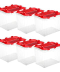 Six Pack Heavy Duty Red Storage Bins With Secure Hinged Lids For Hassle Free Stackable Home Organization And Built Different Clutter Control Solutions Bpa Free. Clear plastic containers with red lids displayed.