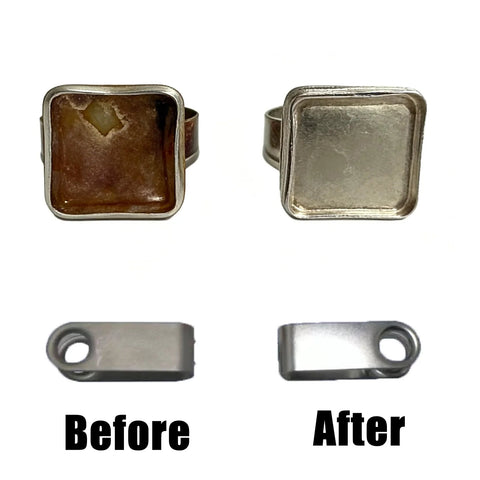 Front view of 14 oz stainless steel tumbling media set with three shapes (ball, cone, pin) for jewelry polishing and deburring.
