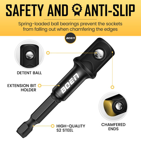 7 Piece Impact Socket Adapter And Reducer Set with 1/4 to 3/8 to 1/2 inch drive adapters, detent ball, and chamfered ends.