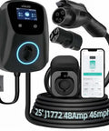Hardwired Level 2 EV Charger 48 Amps 11.5kW 240V With 25 Ft Cable J1772 And NACS Compatible next to smartphone app
