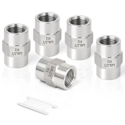 5 Pack Forged 316L Stainless Steel Pipe Fittings Couplings 1/2 Inch NPT Female X 1/2 Inch NPT Female Pipe Adapters