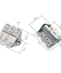 Stainless Steel Butterfly Spring Hinge With Automatic Self Closing Flush Mount For Cabinet Doors And Windows, dimensions shown, two views.