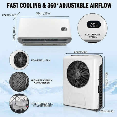 12V Truck Air Conditioner 8000 BTU Parking Split Mini AC Unit For Semi Trucks Trailers Sleep Cab DC Inverter With Brushless Motor