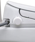 Top Shelf Elongated Bidet Toilet Seat In Crisp White showing control panel for water temperature settings and stainless steel nozzle.