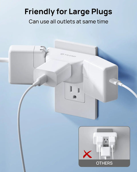 Three Way Angled Wall Outlet Extender 2 Pack Space Saving Fast Charging Station Splitter For Bathroom, Kitchen And Home Office ETL Listed Compact Plug Expander For Laptops, Phones, Cameras, Shavers
