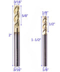 Close-up view of Solid Carbide End Mill Set For Aluminum, 6 Pc ZRN Coated, Beast Mode 3 Flute, with measurements marked.