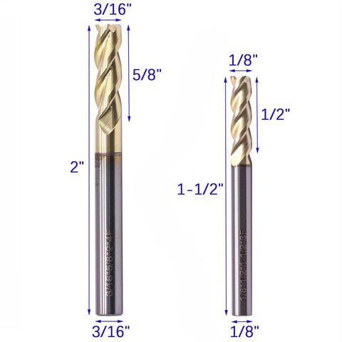 Close-up view of Solid Carbide End Mill Set For Aluminum, 6 Pc ZRN Coated, Beast Mode 3 Flute, with measurements marked.