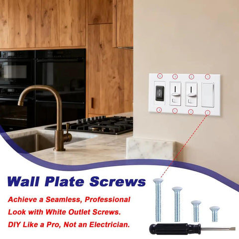 White Wall Plate Screws Kit 120 Pcs For Outlet Covers And Switch Plates 6-32 Screws For Lights And Panels in kitchen setting