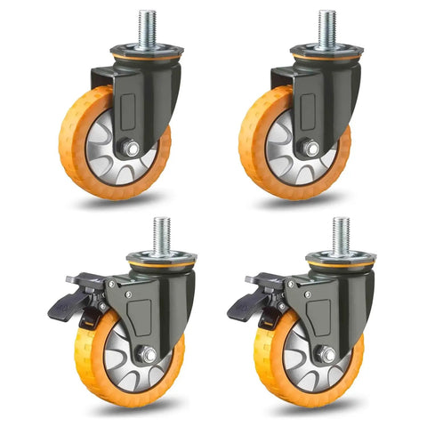 Heavy Duty Swivel Caster Wheels With Dual Lock Brake System Four Pack M20 Stem 150 Millimeter Rubber Treads in orange.