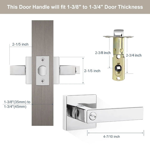 Polished Chrome Door Lever Set 6 Pack Heavy Duty Privacy Interior Door Handles Left Or Right Handed detailed dimensions