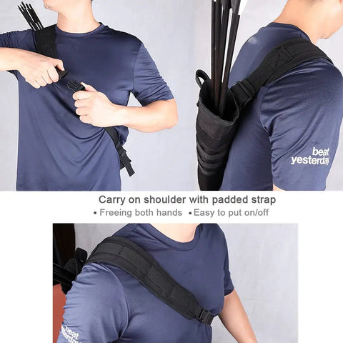 Lightweight Back And Hip Arrow Quiver Dual Use Foldable Bag on man’s shoulder with padded strap