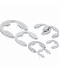 Top Shelf 316 Stainless Steel E Clip External Retaining Rings Tough Shaft Fasteners No Sweat Install Mixed Assortment With Sizes M2 Through M10 For Motor And Tool Repairs showing assorted circlips.
