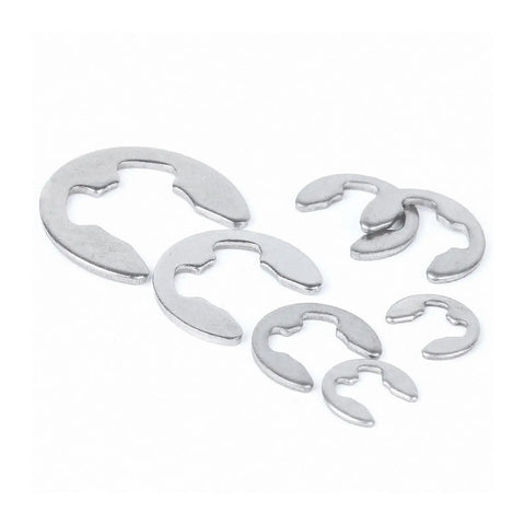 Top Shelf 316 Stainless Steel E Clip External Retaining Rings Tough Shaft Fasteners No Sweat Install Mixed Assortment With Sizes M2 Through M10 For Motor And Tool Repairs showing assorted circlips.
