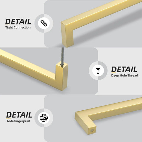 Close-up of 20 Pack 3 Inch Gold Cabinet Handles Brushed Brass Dresser Pulls Solid Square Bar Drawer Knobs with tight connection detail