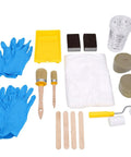 Sweet Kick Ass DIY Painting Set Includes Two Precision Round Brushes And Two Mini Foam Rollers With Metal Frame Tray Liner Four Mixing Cups Stir Sticks Sponges Dust Cover Plus Two Pairs Of Gloves For A Knockout Touch with blue gloves, brushes, tray, foam rollers, and mixing cups.