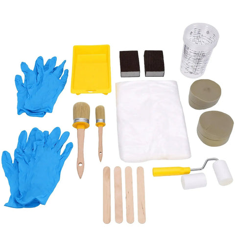 Sweet Kick Ass DIY Painting Set Includes Two Precision Round Brushes And Two Mini Foam Rollers With Metal Frame Tray Liner Four Mixing Cups Stir Sticks Sponges Dust Cover Plus Two Pairs Of Gloves For A Knockout Touch with blue gloves, brushes, tray, foam rollers, and mixing cups.