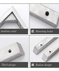 Rock Solid Stainless Steel Corner Bracket With Reinforced L Brace Design For Wall Mounted Shelving And Heavy Load Support No Sweat Setup Built Tough For Garage Workshop Diy Projects close-up of stainless steel connections and mounting holes.