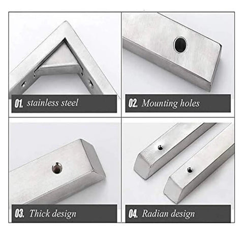 Rock Solid Stainless Steel Corner Bracket With Reinforced L Brace Design For Wall Mounted Shelving And Heavy Load Support No Sweat Setup Built Tough For Garage Workshop Diy Projects close-up of stainless steel connections and mounting holes.