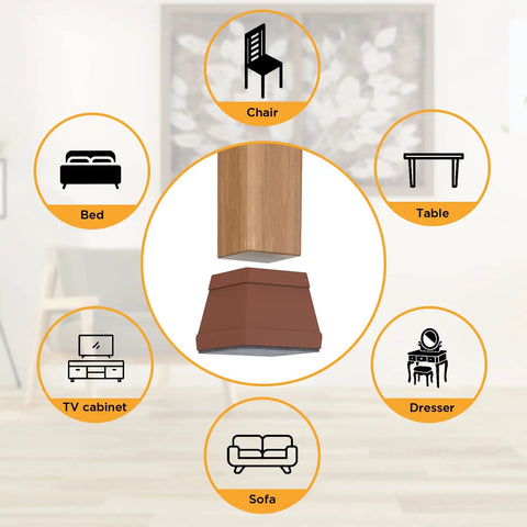 16 Piece Silicone Chair Leg Protectors With Felt Square Floor Pads Quiet Pro Grade Furniture Leg Caps For Hardwood Floors And Tile Brown Reduces Scratches And Noise Easy Glide For Chairs And Tables shown with various furniture icons.