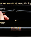 Before and after image showing a repaired fishing rod with Fishing Rod Repair Kit With Epoxy, 10 Carbon Fiber Sticks, Wrapping Thread.