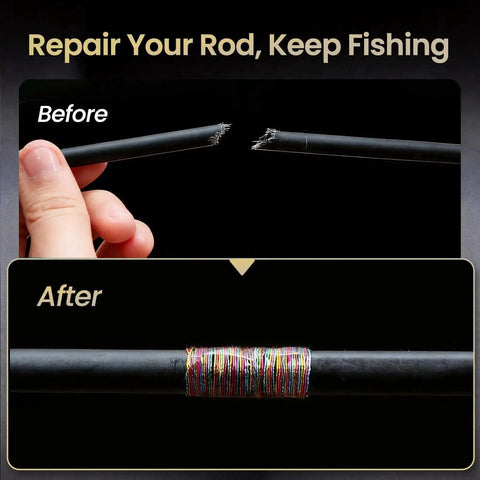 Before and after image showing a repaired fishing rod with Fishing Rod Repair Kit With Epoxy, 10 Carbon Fiber Sticks, Wrapping Thread.