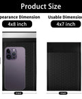 Diagram showing product size of 4x8 inch bubble mailer with 4x7 inch usable dimension, featuring a phone for scale.