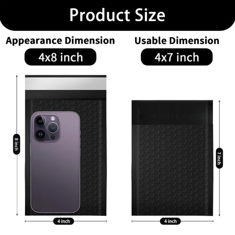 Diagram showing product size of 4x8 inch bubble mailer with 4x7 inch usable dimension, featuring a phone for scale.