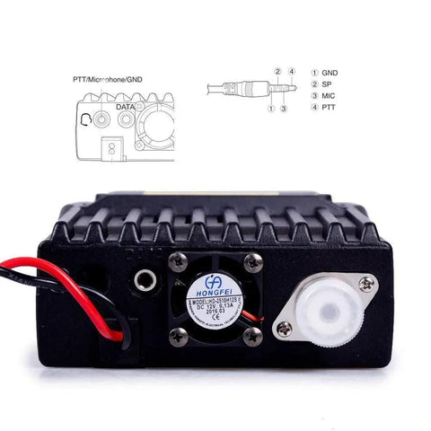 Back view of KT-8900D Dual Band Quad Standby Ham Radio Rig 25W VHF UHF with cooling fan and port diagram illustration.