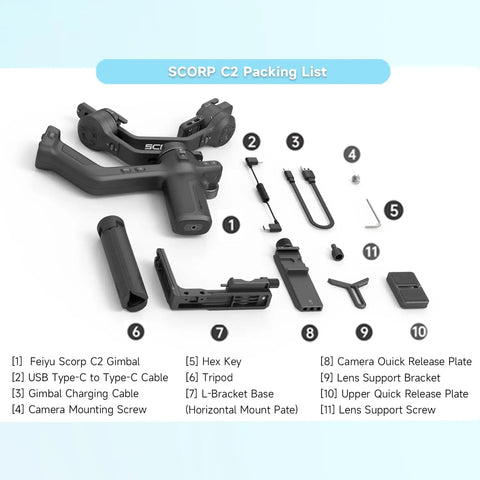 AI 4.0 Tracking Gimbal Stabilizer For Cameras And Mirrorless Gear, No App Needed Auto Tracks Faces Up To 59 Feet, Native Vertical Shooting, Handles Up To 7.72 Lb, Bluetooth Type C, Gesture Control, Pro Grade Vlogging Ready packing list with accessories and components arranged on a light blue background.