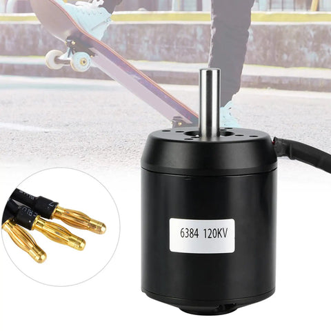 6384 Alloy Brushless Scooter Motor With 120KV Sensored Hall Drive, close-up view with skateboard in background