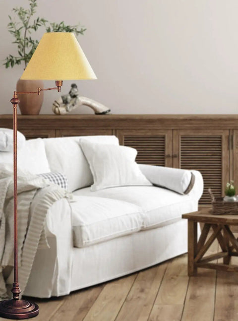 Transitional Swing Arm Floor Lamp With 3 Way Switch 59 Inch Tall Brown Rust Finish beside white couch in living room.