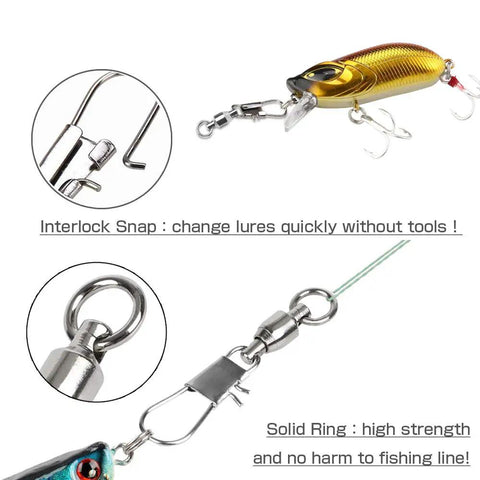 Interlock snap and lure attachment of Stainless Steel Fishing Swivels With Ball Bearing Snap Interlock Design Beefy Saltwater