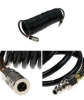 Boss Level 25 Foot Air Hose With Swivel Whip Fittings For Pro Garage And Auto Shop Crews Using 1 4 Inch Npt Pneumatic Connectors Hybrid Rubber Polyurethane Design Gives You Flexibility No Kinks At 200 Psi Pressure All Season Weather Is Awesome. 25 foot black coiled air hose with 1/4 inch NPT swivel fittings