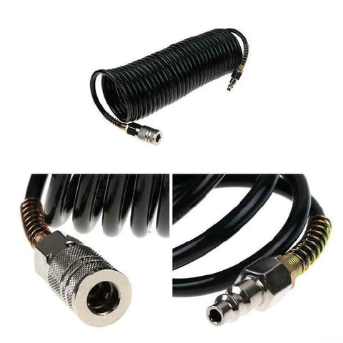 Boss Level 25 Foot Air Hose With Swivel Whip Fittings For Pro Garage And Auto Shop Crews Using 1 4 Inch Npt Pneumatic Connectors Hybrid Rubber Polyurethane Design Gives You Flexibility No Kinks At 200 Psi Pressure All Season Weather Is Awesome. 25 foot black coiled air hose with 1/4 inch NPT swivel fittings