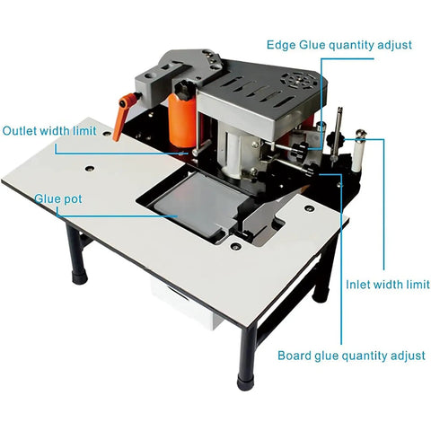 Portable Edge Bander For Woodworking With Double Sided Adhesive System, showing adjustable glue quantity and speed controls.